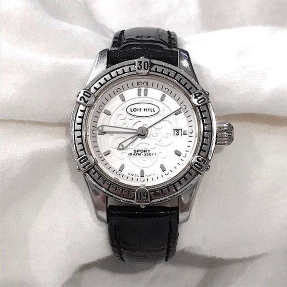 LOIS HILL Round White Filigree Scroll Sport Watch w/ Black Leather Embossed Band - Picture 1 of 7